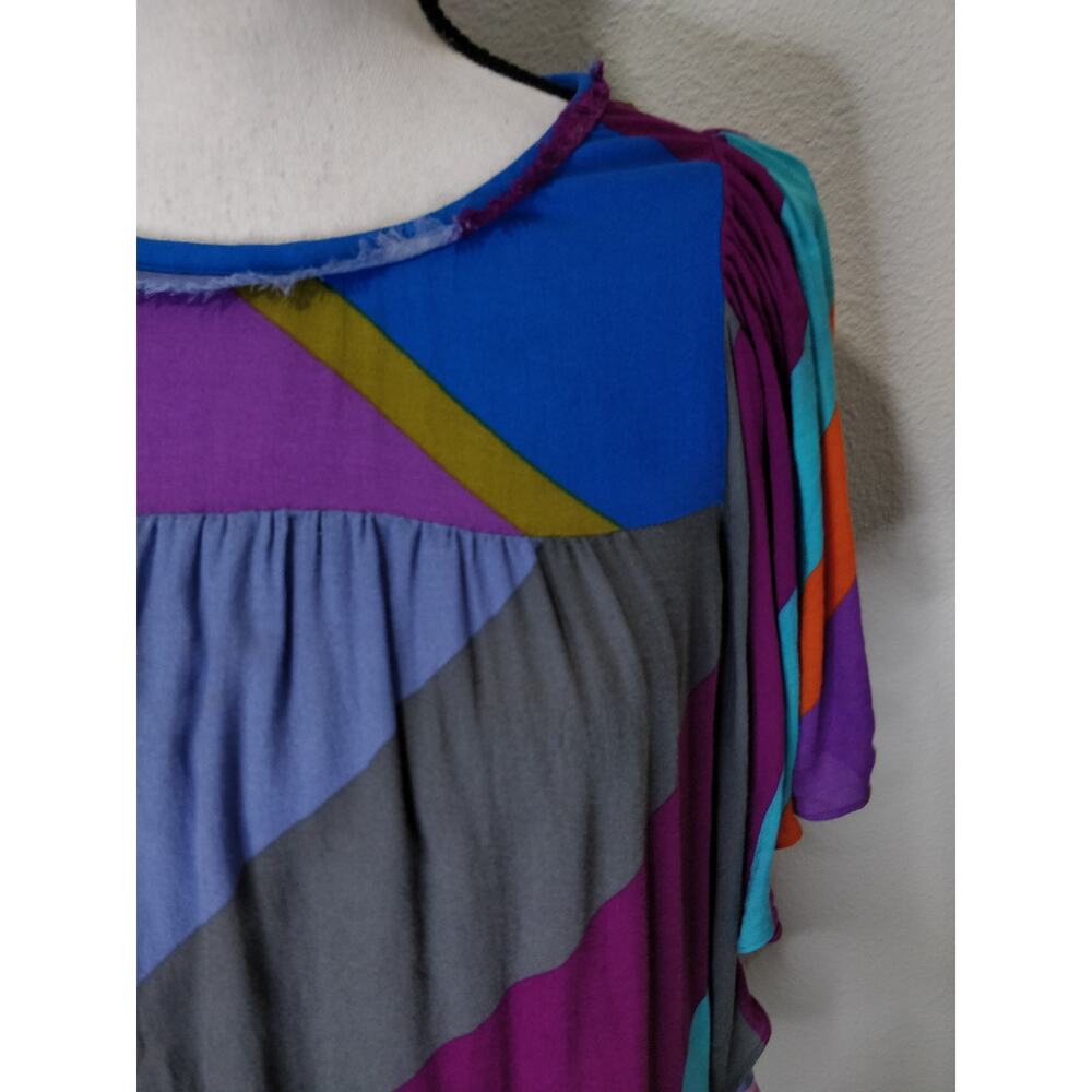 Anthropologie Hiche Mosaic Multicolor Blue Colorblock Flutter Sleeve Top S - Picture 3 of 10